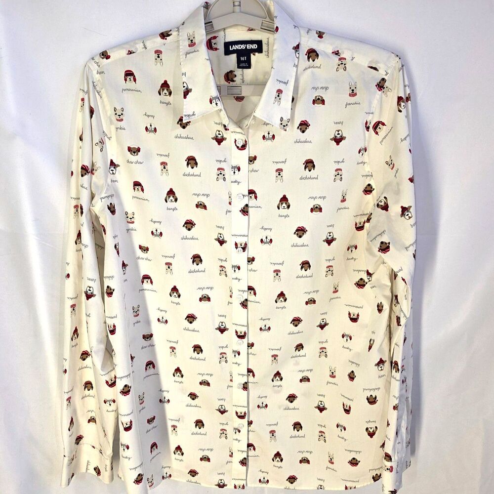 Lands End Winter Dogs Print Button Down Shirt Ivory Dachshund Frenchie Tall 16T